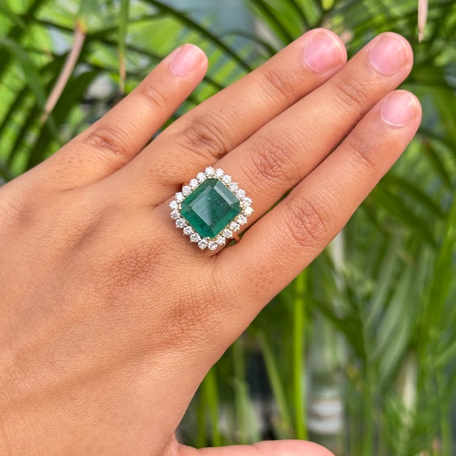 Certified 7.45Ct Zambian Emerald & 1.01Ct Diamond Halo Ring in 14k Yellow Gold Size 5 For Sale - Image 12 of 17