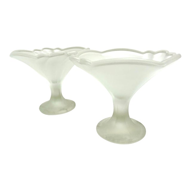 Vintage Italian Frosted Glass Pedestal Berry Bowls or Candleholders, Set of Two For Sale