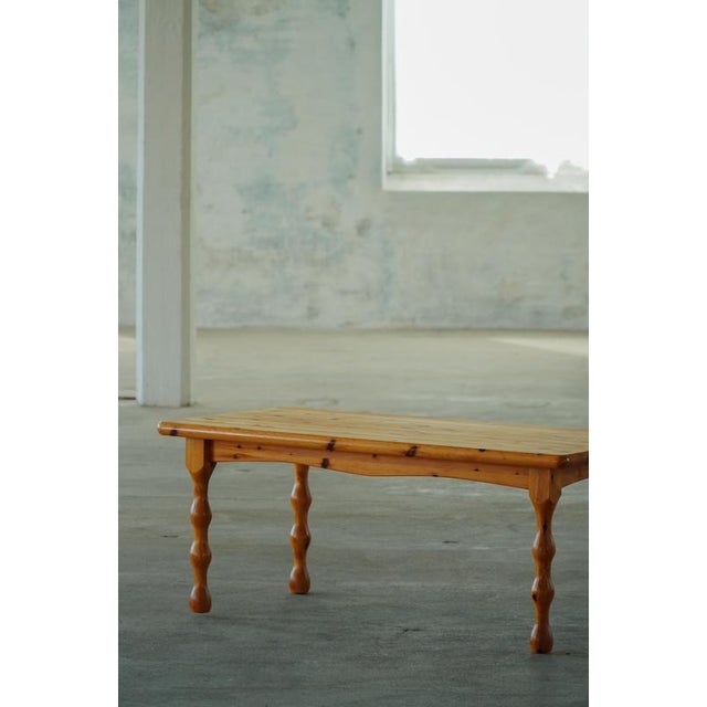 Gold Modern Danish Scandinavian Brutalist Pine Coffee Table with Turned Legs, 1970s For Sale - Image 8 of 18