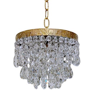 Vintage Crystal Teardrop Chandelier With Embossed Cherub Brass Crown For Sale