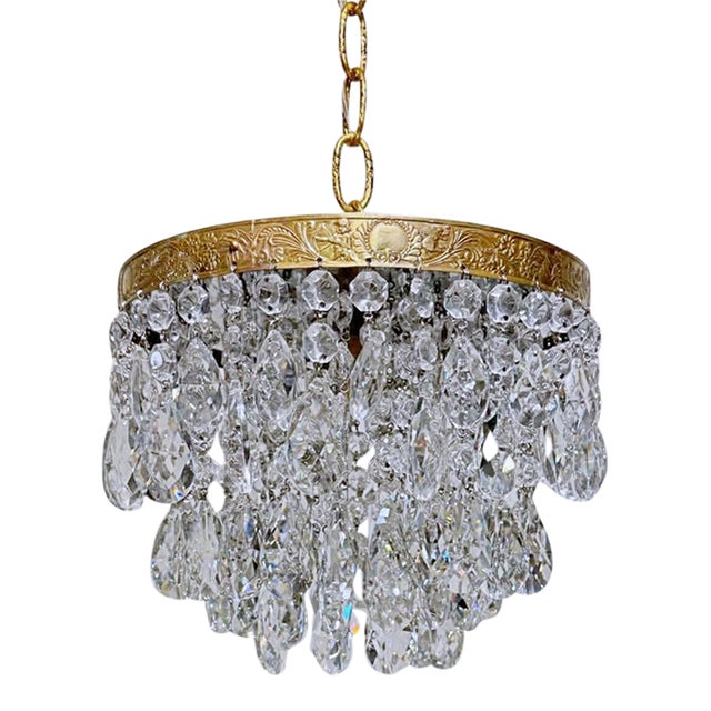 Vintage Crystal Teardrop Chandelier With Embossed Cherub Brass Crown For Sale