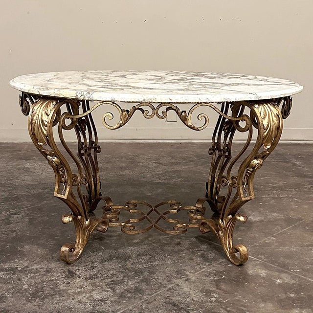 Early 20th Century Italian Gilt Iron Régence Style Oval Marble Top Coffee Table For Sale - Image 5 of 17