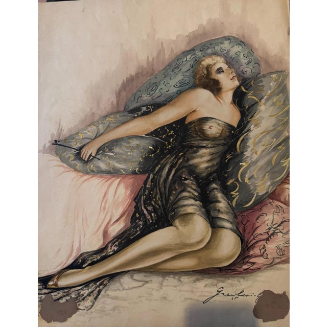 Carl H. Berberich, Lady on Cushion, Verso Lady in Fur Coat, Nude, 1926, Gouache For Sale - Image 9 of 13