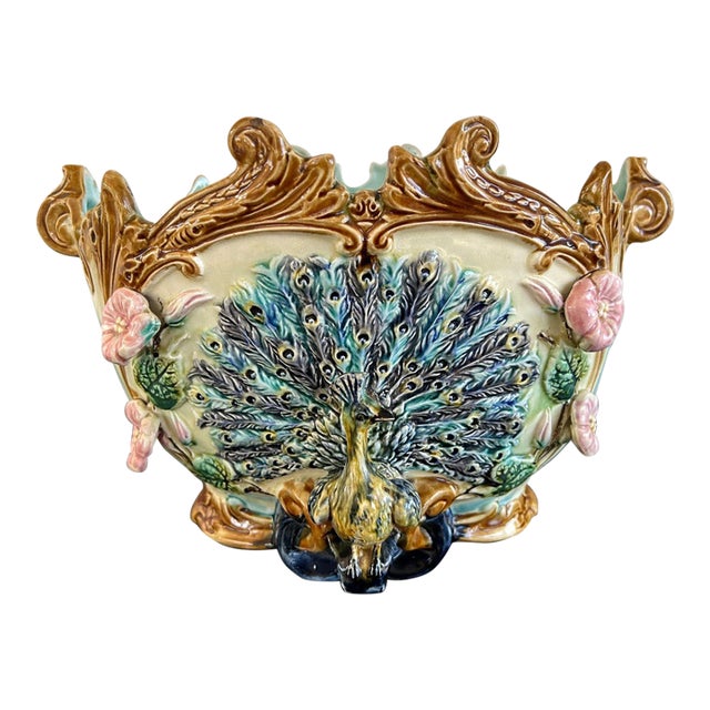 Antique French Majolica Jardinière Planter Peacock Onnaing Large Cache Pot C1880 For Sale