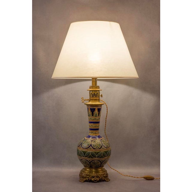 Metal Electrified Kerosene Lamps in Glazed Earthenware with Gilt Bronze Mounts and Geometric Decor from Longwy, Late 19th Century, Set of 2 For Sale - Image 7 of 14
