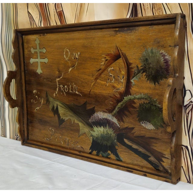 Rectangular Wooden Tray with Marquetry Decoration of Thistles in the style of Emile Gallé For Sale - Image 4 of 7