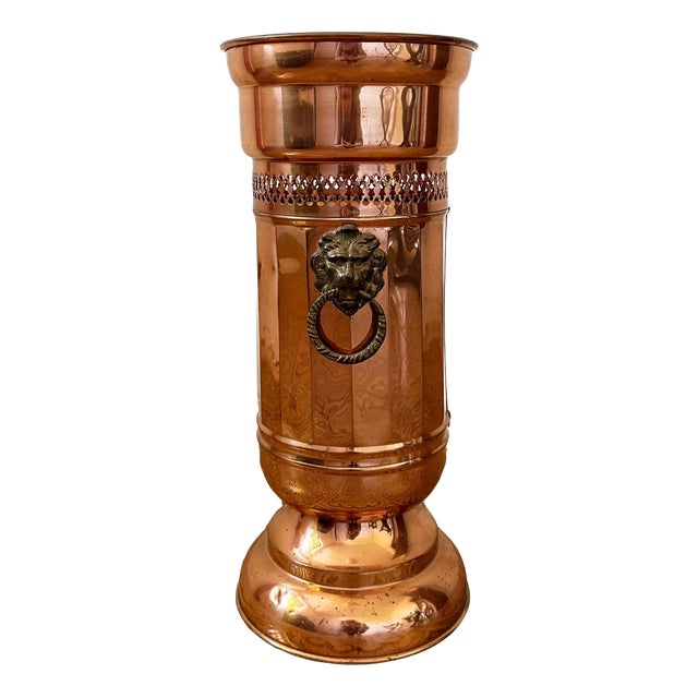 Vintage Copper Umbrella Stand with Lion Handles, 1950s For Sale