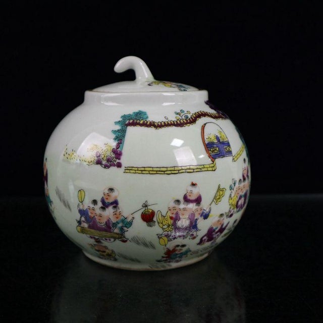 Yellow Famille Rose Boys Playing Figural Lidded Ginger Jar, Chinoiserie Porcelain Canister For Sale - Image 8 of 9