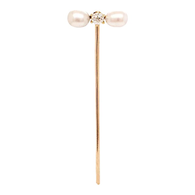 Vintage Antique Edwardian Diamond, Pearl, and Gold Stickpin For Sale