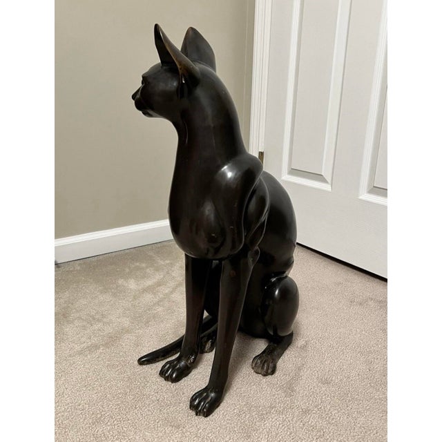 Mid 20th Century Large Bronze Art Deco Egyptian Revival Cat Sculpture 24.5” For Sale - Image 9 of 12