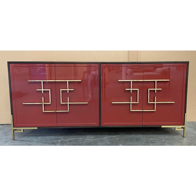 Ribbon Mahogany Frame with Red Lacquer Doors Chinois Sideboard | Chairish