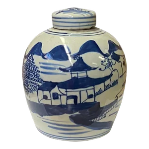 Chinese Oriental Small Blue White Scenery Porcelain Ginger Jar