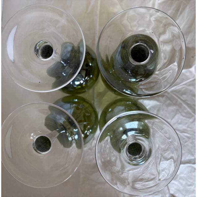 Late 20th Century Late 20th Century Mid-Century Modern Style Lustrous Olive Green & Clear Glass Stemmed Wine Goblets - Set of 4 For Sale - Image 5 of 7