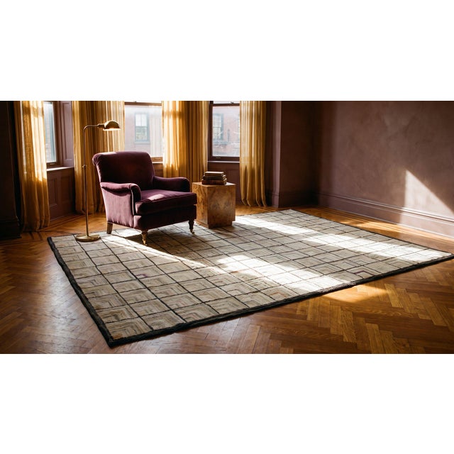 1920s Ivory Geometric Folk Art Antique Century American Hooked Rug 6' X 9'3" Handknotted Wool Carpet For Sale - Image 10 of 11