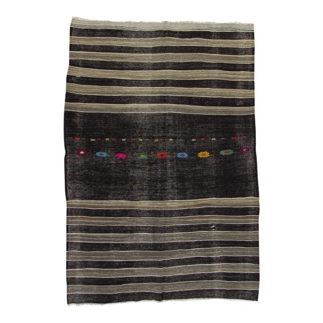 Handwoven Vintage Black & Grey Striped Kilim Rug For Sale
