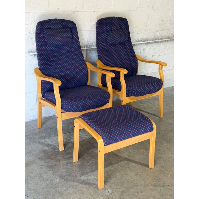 Blue Bentwood High Back Lounge Chairs With Ottoman Set of 3 Vintage Mid-Century Modern 1970s For Sale - Image 8 of 11