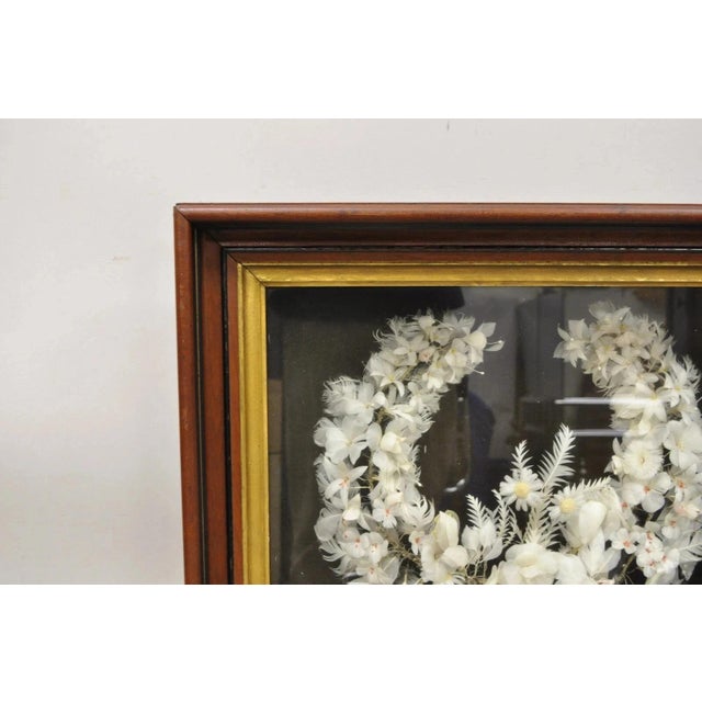 Antique Victorian White Feather Flower Mourning Wreath Mahogany Shadow Box Frame For Sale In Philadelphia - Image 6 of 11