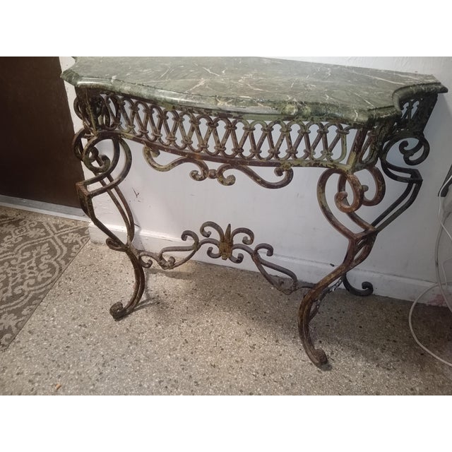 Early 19th Century Ornate Vintage Wrought Iron & Green Marble Entryway/Foyer Table For Sale - Image 5 of 7