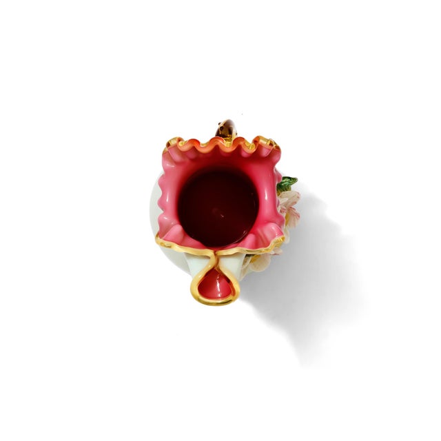 Victorian Victorian-Style Celadon Porcelain Pitcher With Applied 3d Flowers, Cranberry Ruffled Rim & Gold Handle For Sale - Image 3 of 4