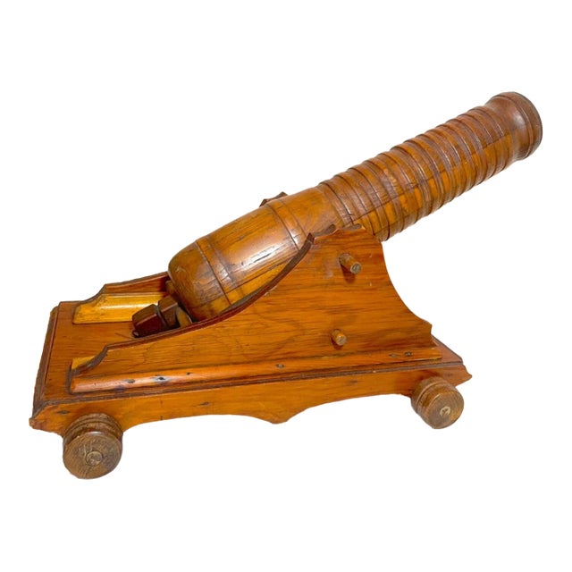 Arge Antique Hand Made Carved Folk Art Wood Military Cannon Model Sculpture For Sale