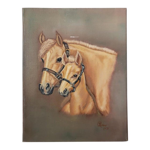 1971 Mother and Colt Horse Painting For Sale