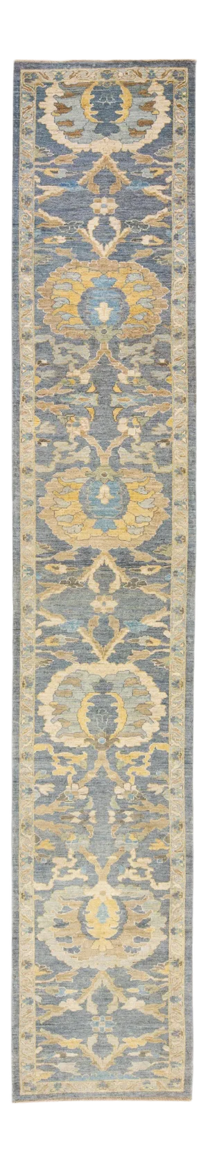 Modern Gray and Blue Sultanabad Handmade Long Wool Runner