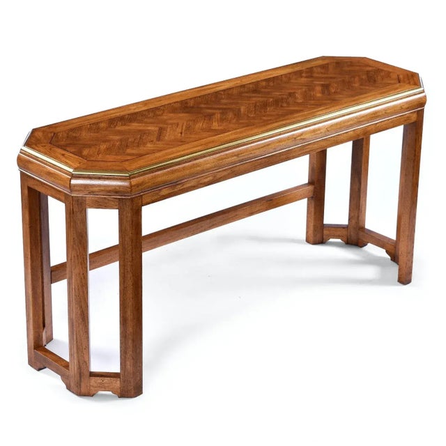 Contemporary Oak Wall Mirror and Console Table Set With Parquet Top and Gold Trim For Sale - Image 3 of 12