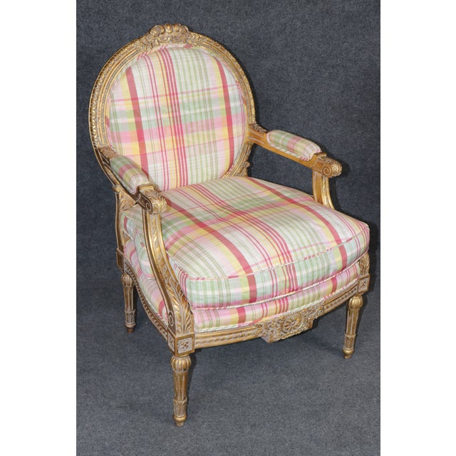 Textile Pair of Louis XVI Style Gilt Carved Arm Chairs With Plaid Upholstery For Sale - Image 7 of 15