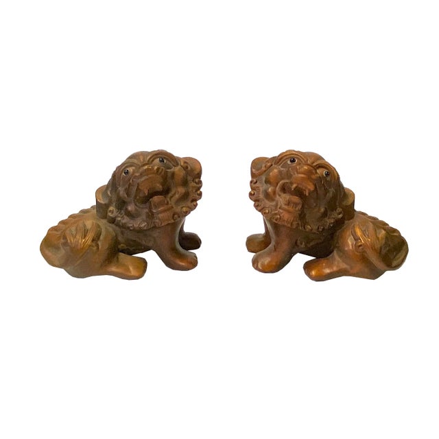 Wood Chinese Pair Wood Carved Mini Foo Dog Lion FengShui Figure For Sale - Image 7 of 7