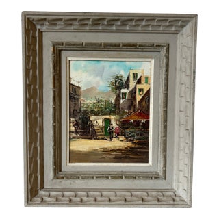 Mid 20th Century Figurative Painting in Grey Washed Carved Wood Frame For Sale