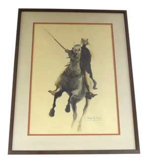 Mid 20th Century "Man on Horseback" Figurative Watercolor Painting by David Hall, Framed
