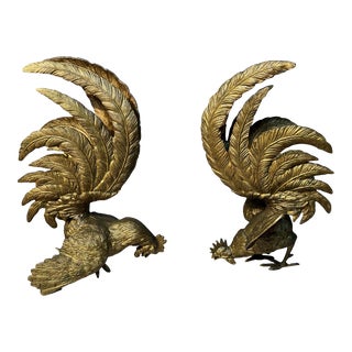 Pair of Brass Roosters Cock Fighting Mid Century Modern C1950 Decor Italian Inspired For Sale