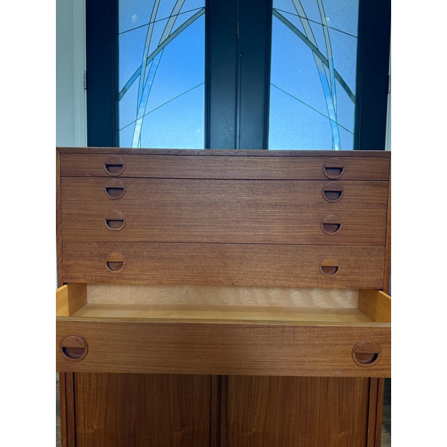 Brown 1970s Danish Modern Teak Modular Wall Unit Cabinet With Tambour Doors & Flat File Drawers For Sale - Image 8 of 18