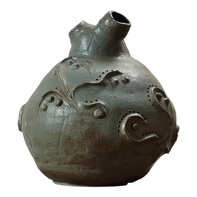 Vintage Monumental Modernist Sculptural Three-Spout Stoneware Vessel, Signed For Sale