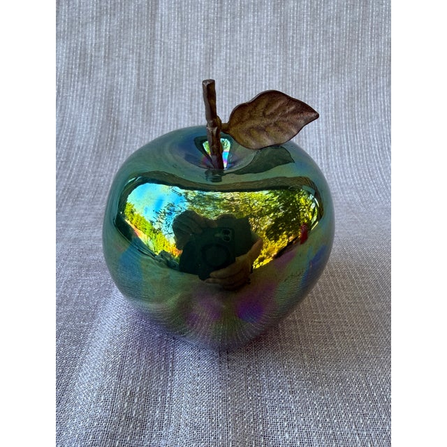 Boho Chic Vintage Artisan Made Green Pottery Apple Sculpture Signed For Sale - Image 3 of 14