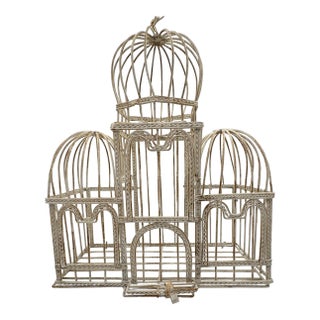 Taj Mahal Style Vintage Distressed White Metal Birdcage With Hanging Chain For Sale
