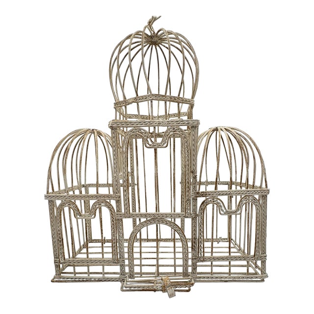 Taj Mahal Style Vintage Distressed White Metal Birdcage With Hanging Chain For Sale