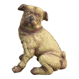 English Vintage Composition Sitting Dog Sculpture with Glass Eyes and Red Collar For Sale