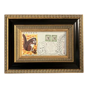 Contemporary Original Judy Henn Abstract Ink Drawing/Collage “First Day With Nuts” Framed