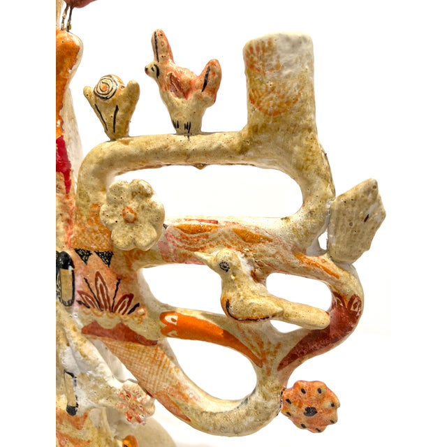 Vintage Handmade Mexican Folk Art Ceramic Candelabra Candle Tree Birds Rabbits For Sale - Image 9 of 12