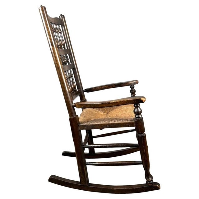 Wood Antique Oak Spindle Back Rocking Chair with Rush Seat, 1900s For Sale - Image 7 of 11