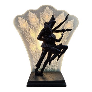Vintage Illuminated Harlequin & Ballerina Table Lamp With Etched Peacock Glass, 18” For Sale