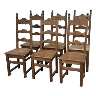 1940s French Provincial Oak Ladder-Back Dining Chairs - Set of Six For Sale