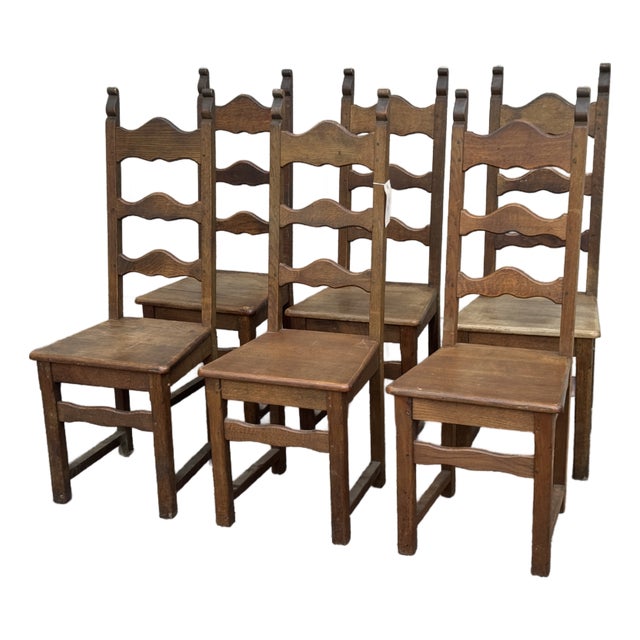 1940s French Provincial Oak Ladder-Back Dining Chairs - Set of Six For Sale
