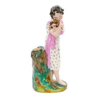 Antique Austrian Vienna Porcelain Sculpture of a Young Girl Holding Her Dog For Sale