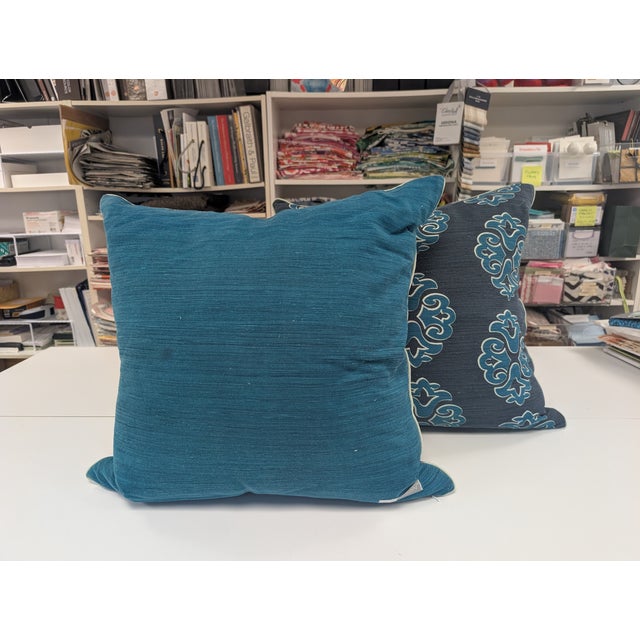 Transitional New Moon Navy Blue and Teal Medallion Printed Pillow For Sale - Image 3 of 6