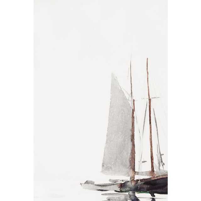 Traditional Schooner Sailboat With Dory, Vintage Art Print Reproduction, 24″ × 36″ For Sale - Image 3 of 7