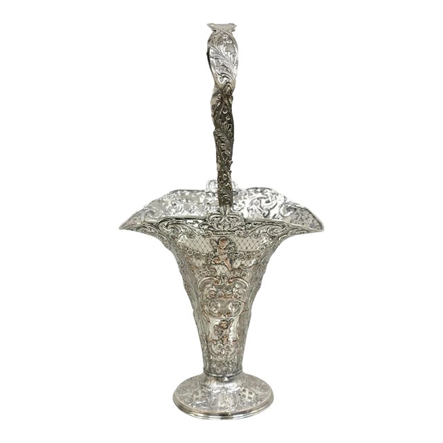 Antique English Victorian Repousse Silver Plated Cherub Vase Brides Basket For Sale