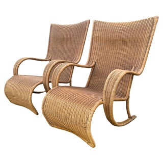 Set of Large Mid-Century Rattan and Wicker Garden Lounge Chairs, 1970s For Sale