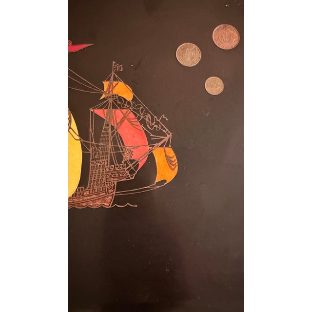 Plastic Vintage Mid-Century Modern Couroc of Monterey Sailing Ship W/Inlaid Coins Bar Serving Tray For Sale - Image 7 of 9
